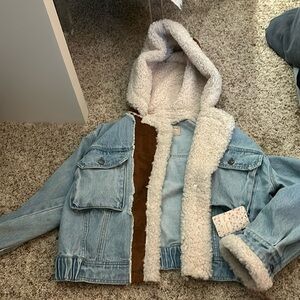 We The Free Light Blue Jean Jacket with Brown and Cream Accents